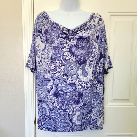 Tahari Short Sleeve Rayon Blouse Paisley Print Blue White Cowl Neck Stretch 1X - Picture 1 of 9